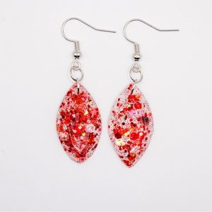 Red and White Glitter 1” Resin Earrings with silver Hardware